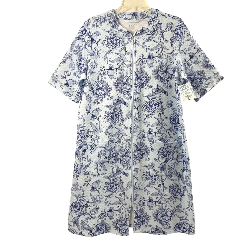 Adonna Robe Womens S Blue Hummingbird Floral Quilted Zip Front Housecoat Lounge